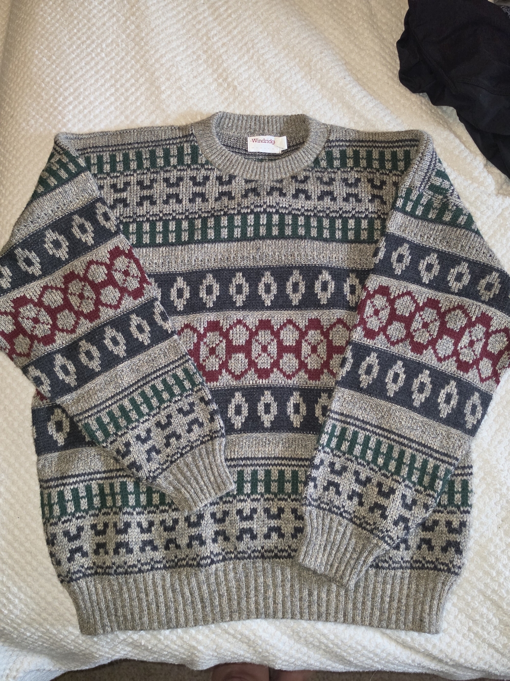 Vtg. Windridge Crewneck Sweater with Green & Red Pattern